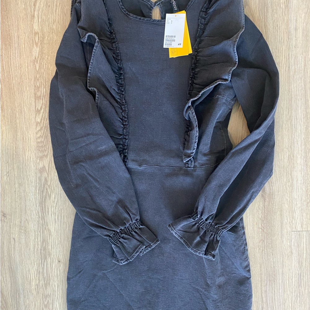 H&M denim ruffle long sleeve dress